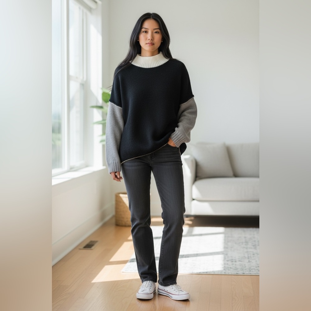 Saodimallsu Color Block Off-Shoulder Knit Sweater Black, White & Gray Women Med